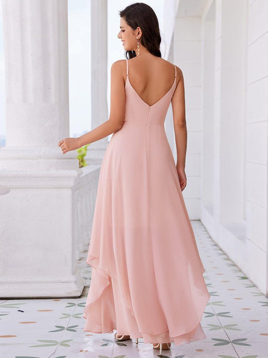 ever CLEMENT|Pearl-Embellished Waist Ruffled V-Neck Sleeveless Chiffon Bridesmaid Dress In Pink