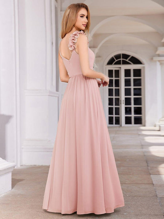 V-Neck Floral Strap Chiffon Maxi Dress in Pink