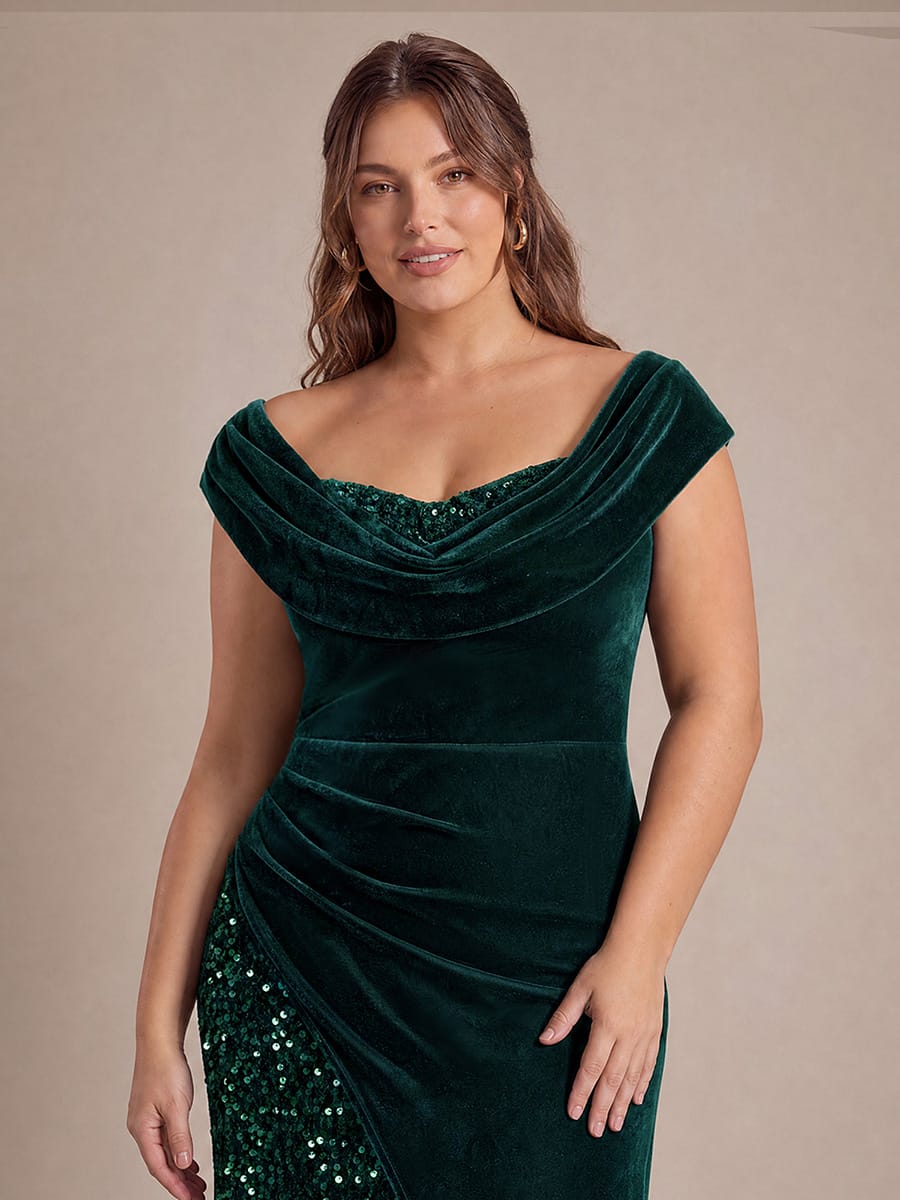 Draped Velvet Sequin Split Maxi Evening Dress