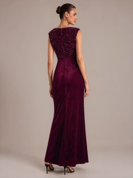 Draped V Neck Velvet Maxi Evening Dress