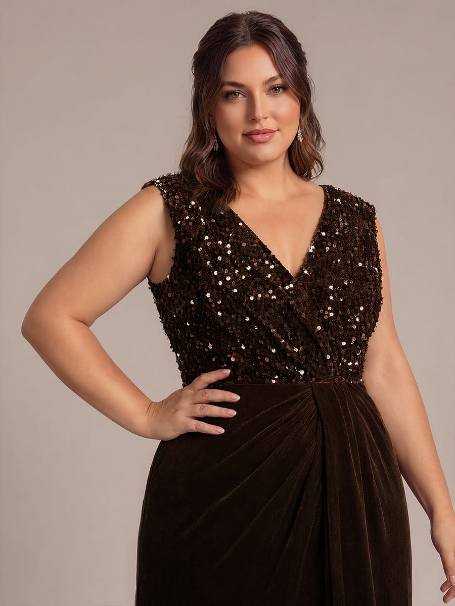 Draped V Neck Velvet Maxi Evening Dress