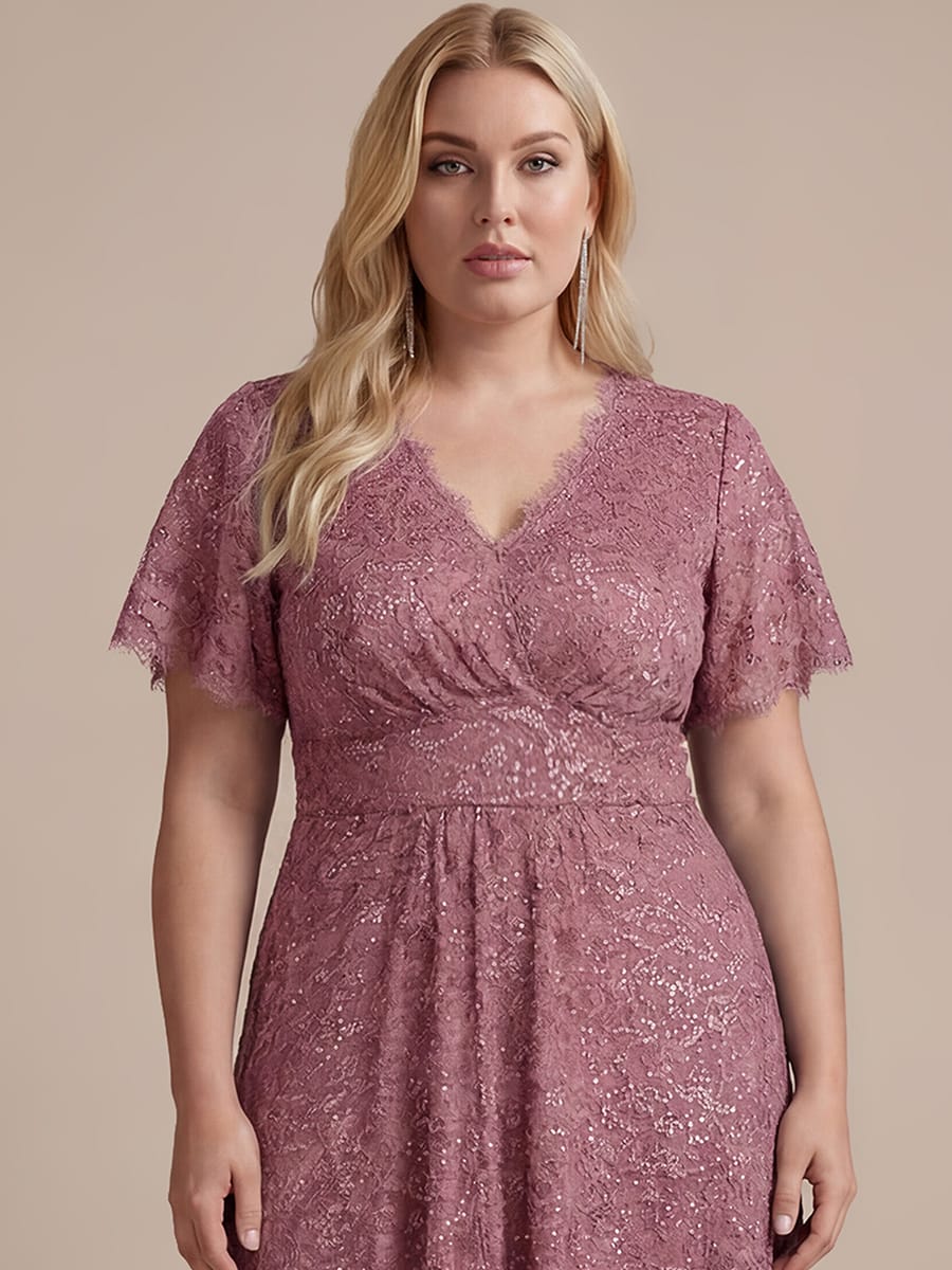 Elegant Flutter Sleeve Sequin Lace Maxi Dress V-Neck Empire Waist Evening Gown