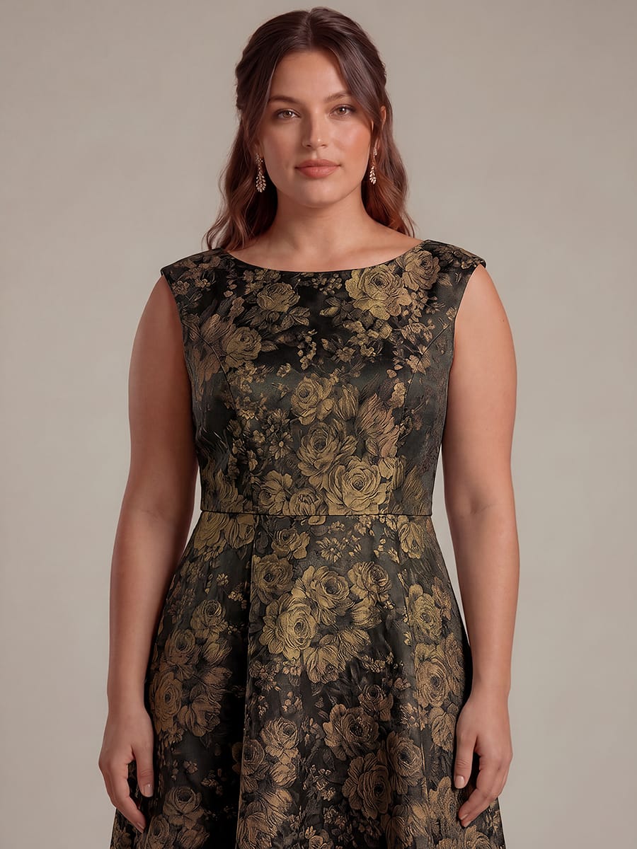 Floral Print Jacquard A Line Round Neck Midi Dress
