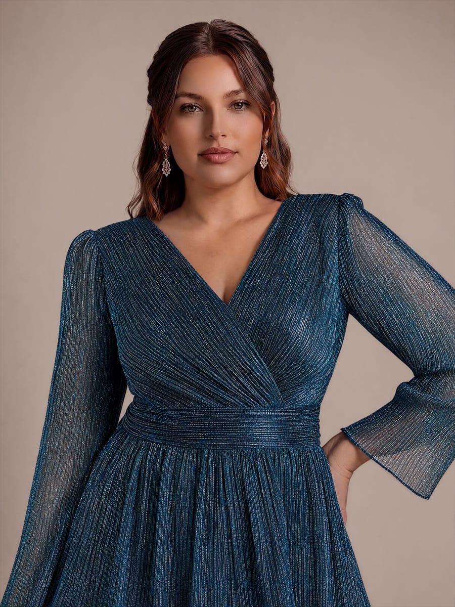 Tiered Tulle A Line Maxi Dress with V Neck Long Sleeve