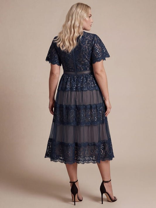 Plus Size High Stretch Lace Spliced A-Line Ruffle Sleeve Patchwork Wedding Guest Dress