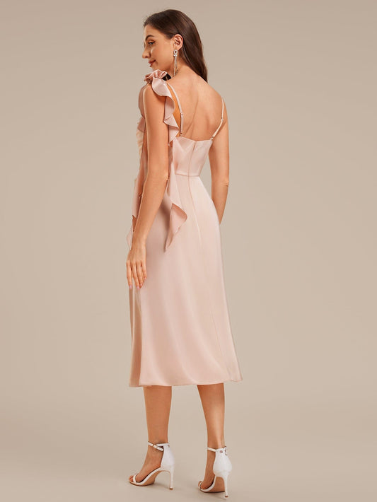 Ruffled Satin Midi Guest Dress with Slit