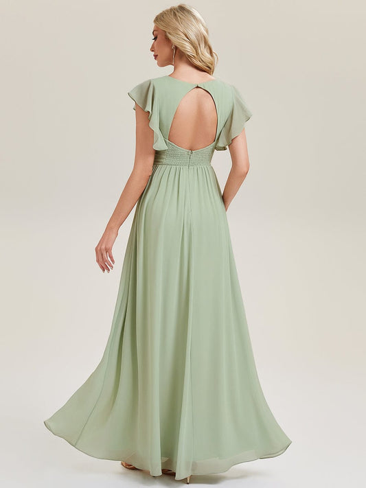 Elegant Open Back Bridesmaid Dress with Ruffled Sleeves