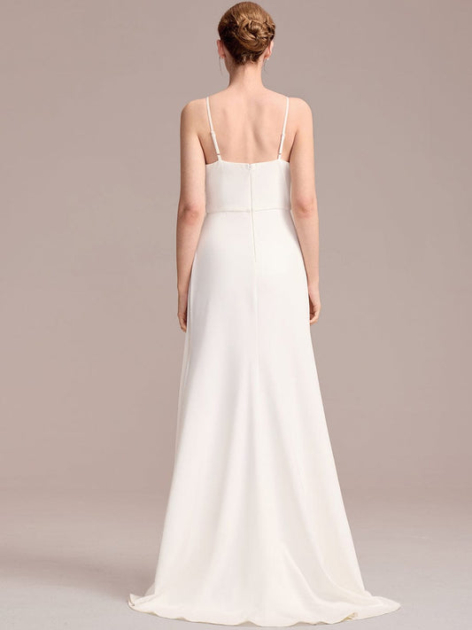 Sleeveless V-Neck Embroidered Wedding Dress with Ribbons