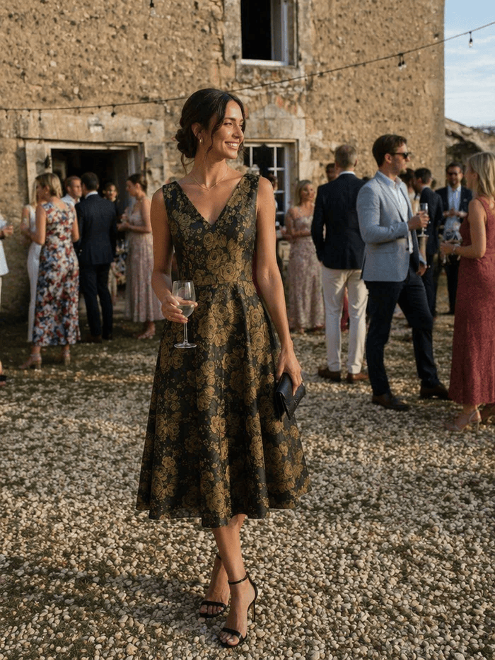 Floral Print Jacquard A Line V Neck Midi Dress