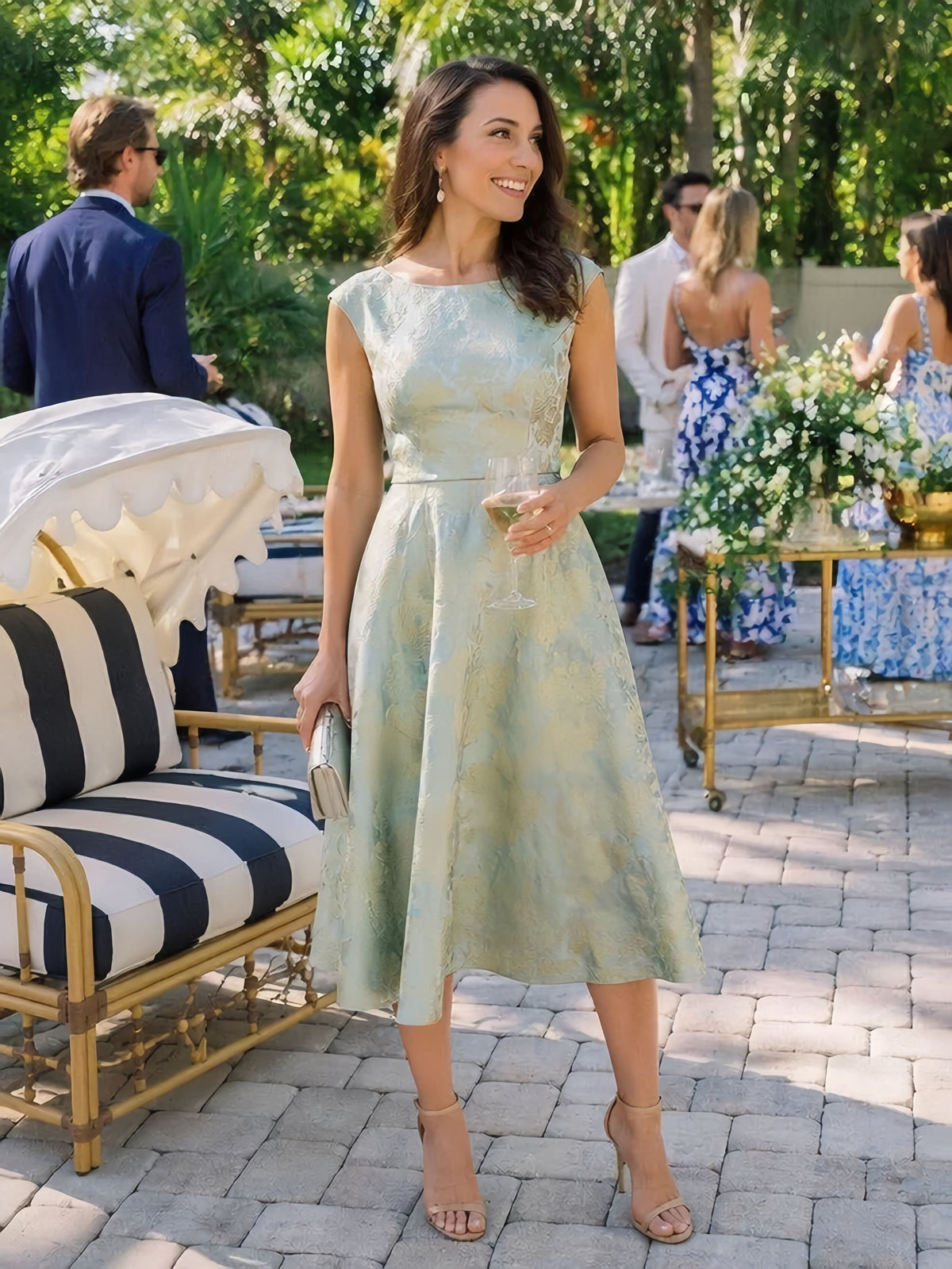 Floral Print Jacquard A Line Round Neck Midi Dress