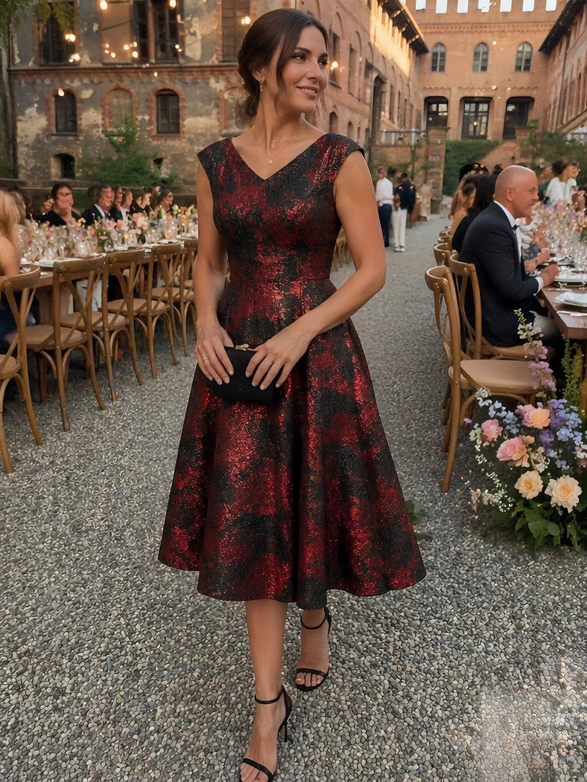 Floral Jacquard A Line V Neck Midi Dress