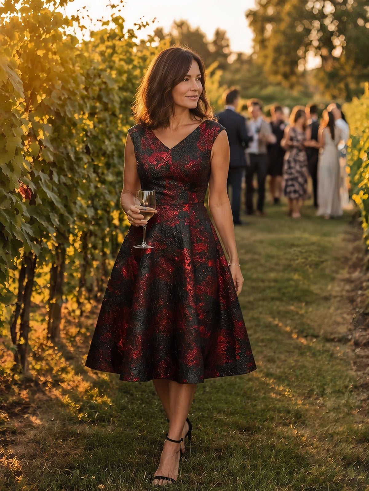 Floral Jacquard A Line V Neck Midi Dress