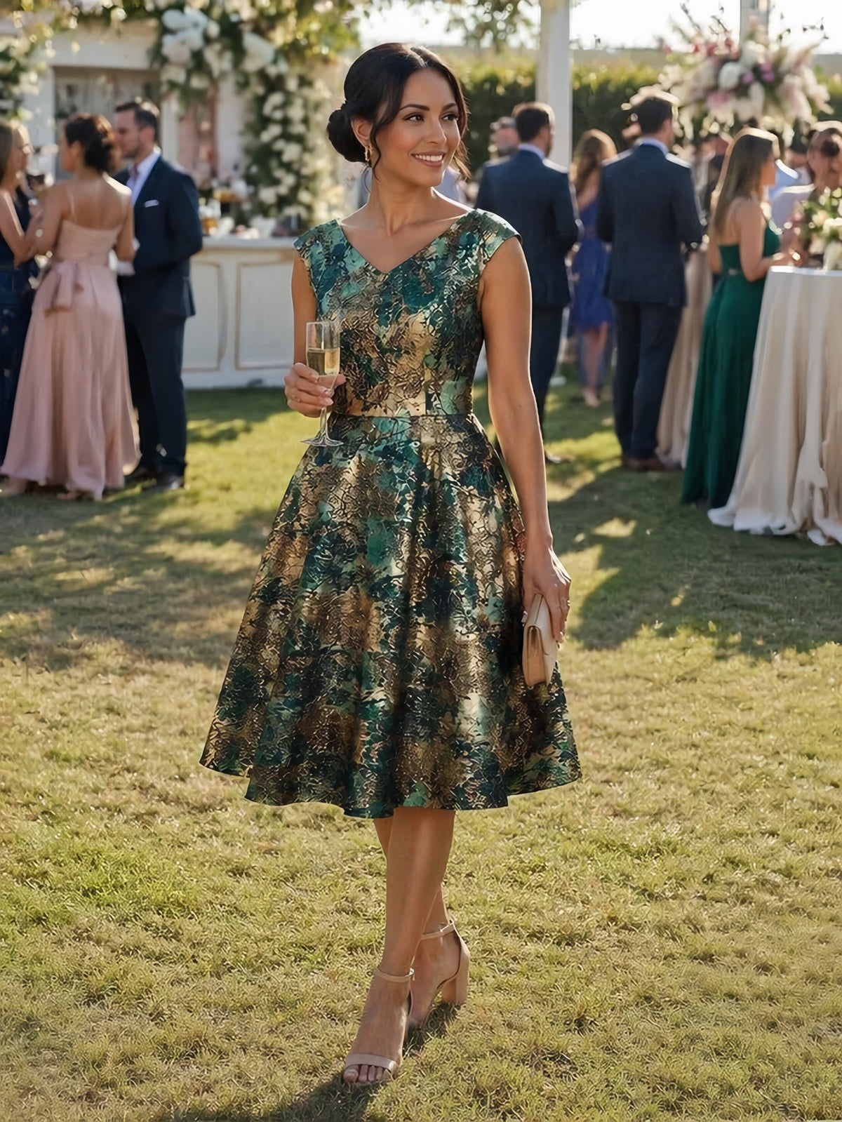Floral Jacquard A Line V Neck Midi Dress