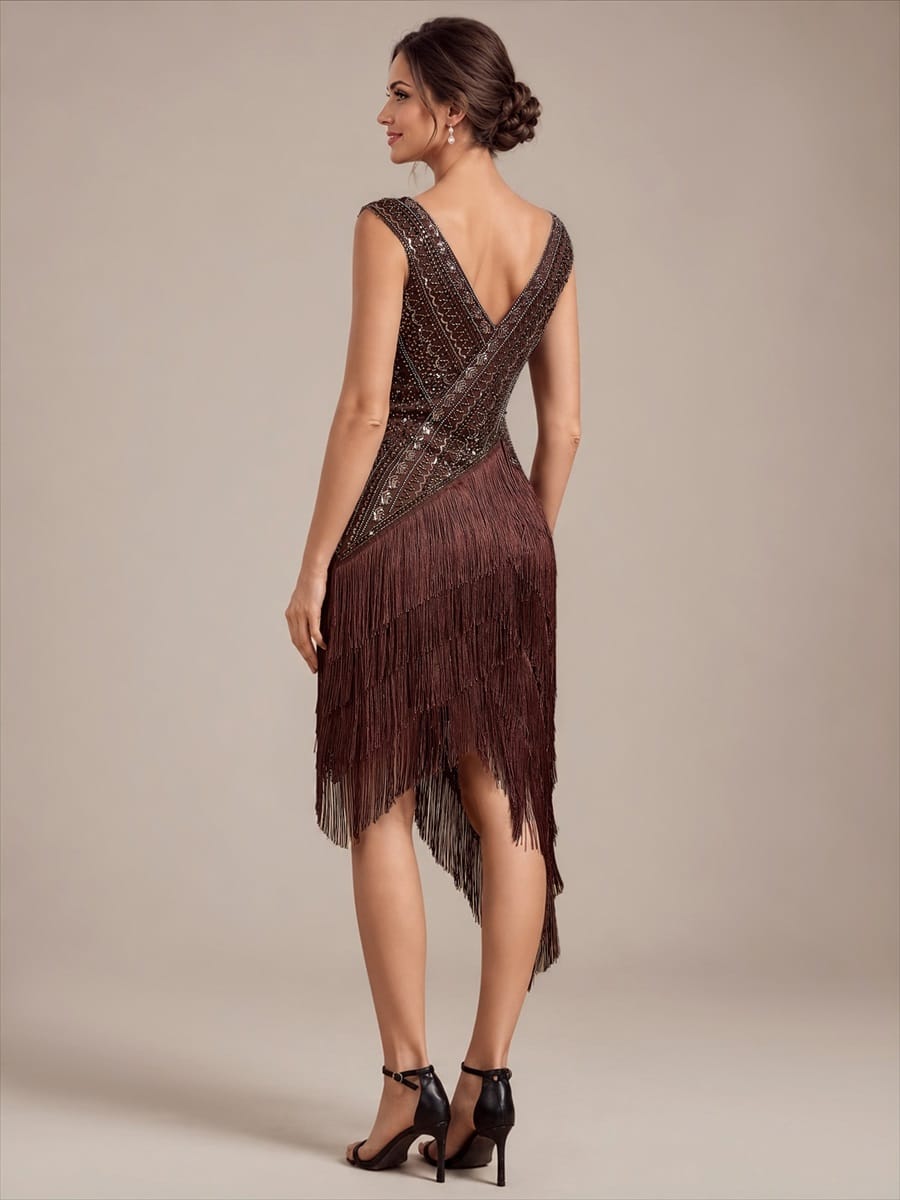Tulle V Neck Sleeveless Beaded Fringe Dress
