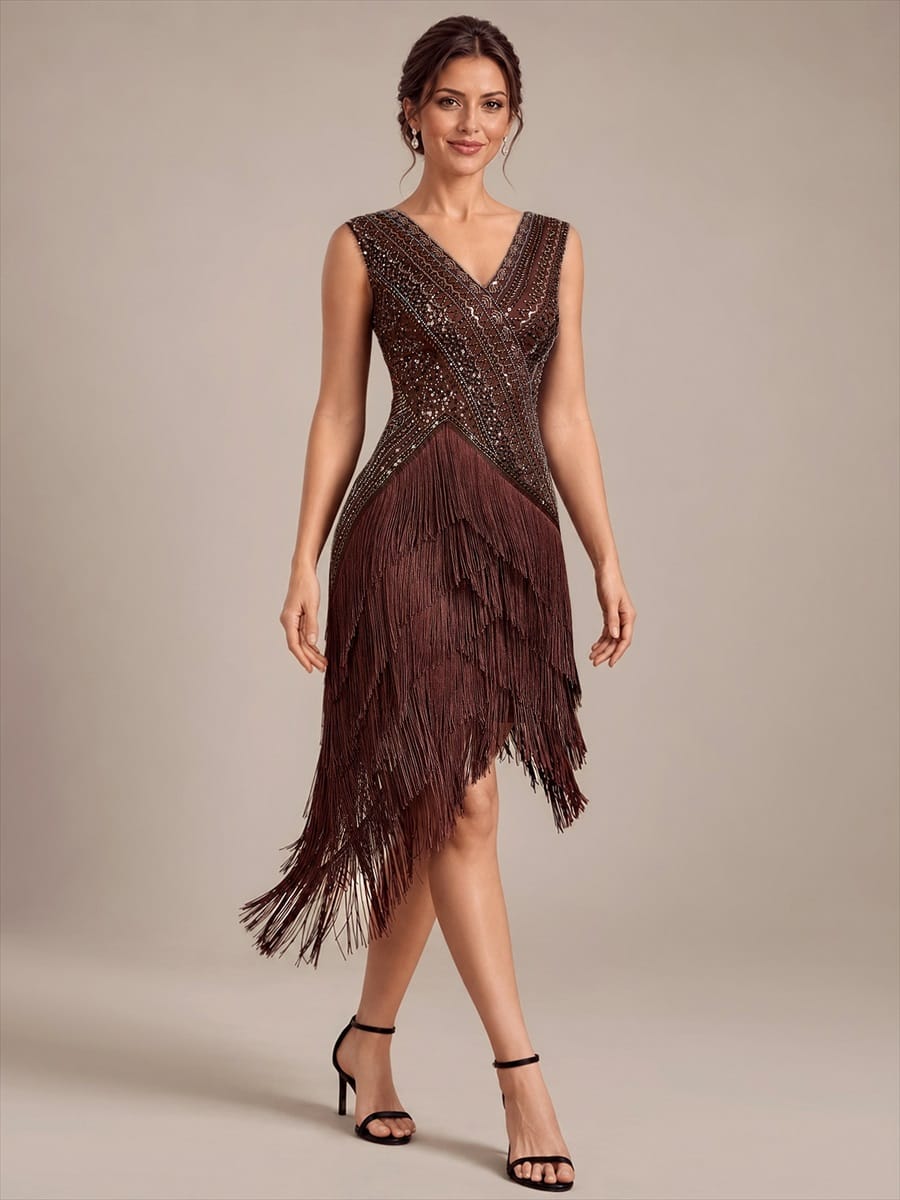 Tulle V Neck Sleeveless Beaded Fringe Dress