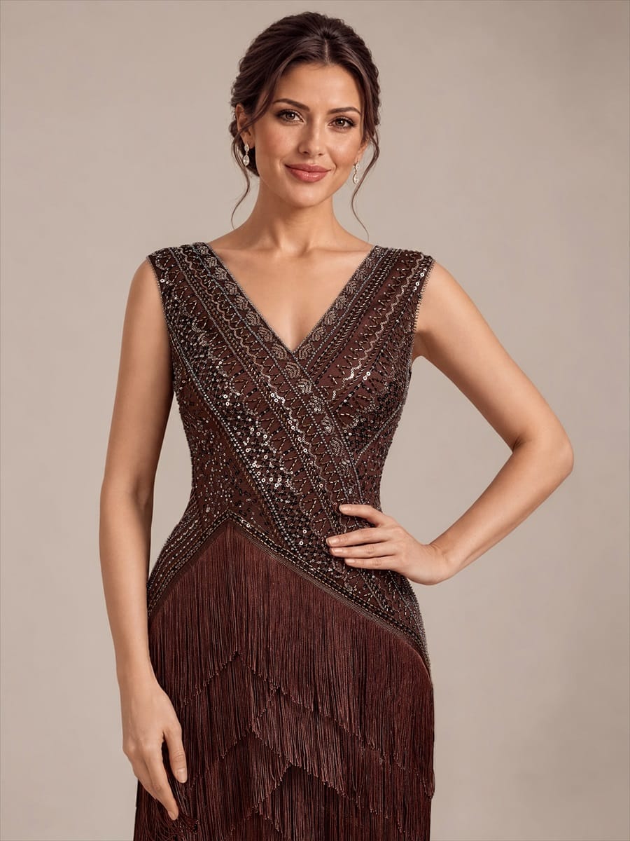 Tulle V Neck Sleeveless Beaded Fringe Dress