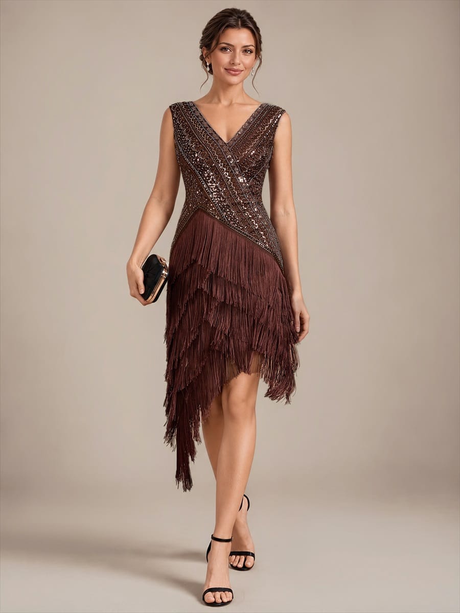 Tulle V Neck Sleeveless Beaded Fringe Dress