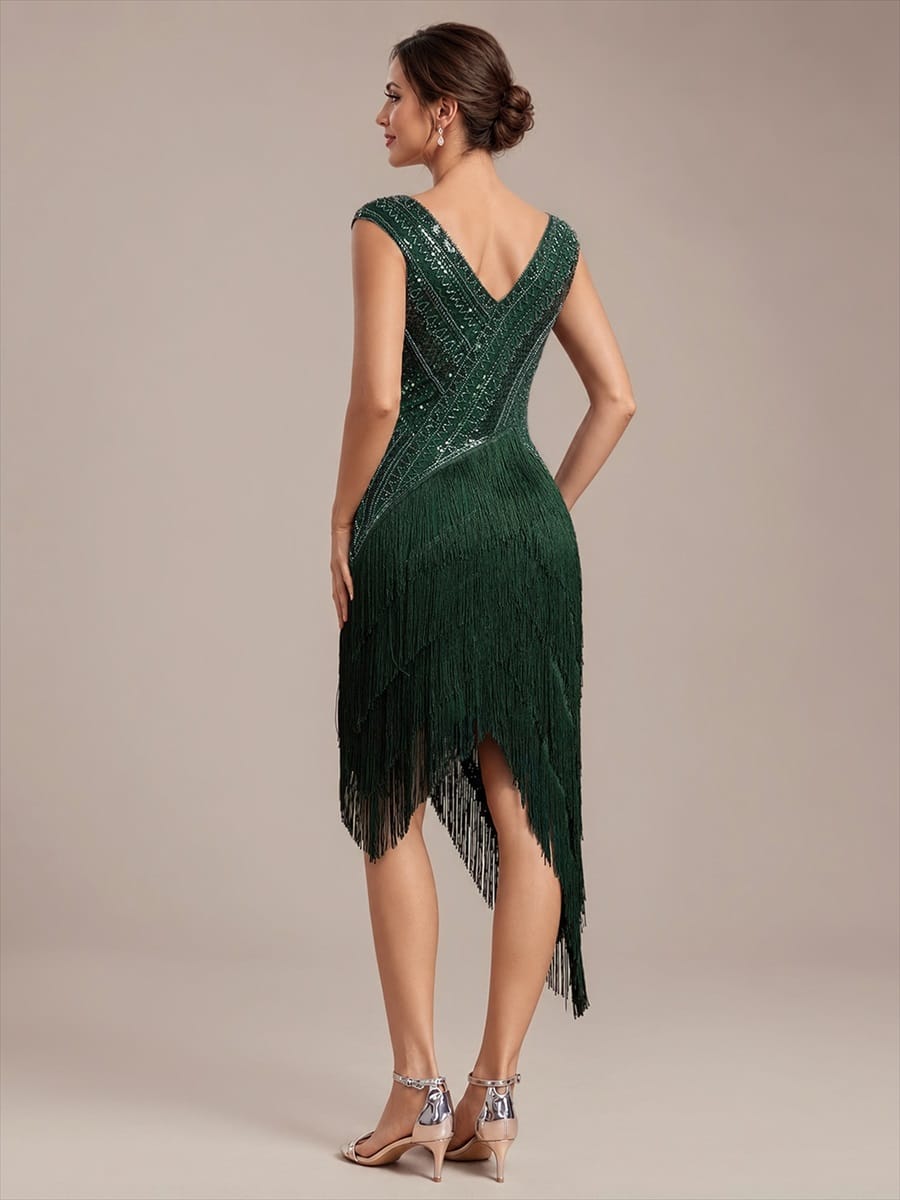 Tulle V Neck Sleeveless Beaded Fringe Dress