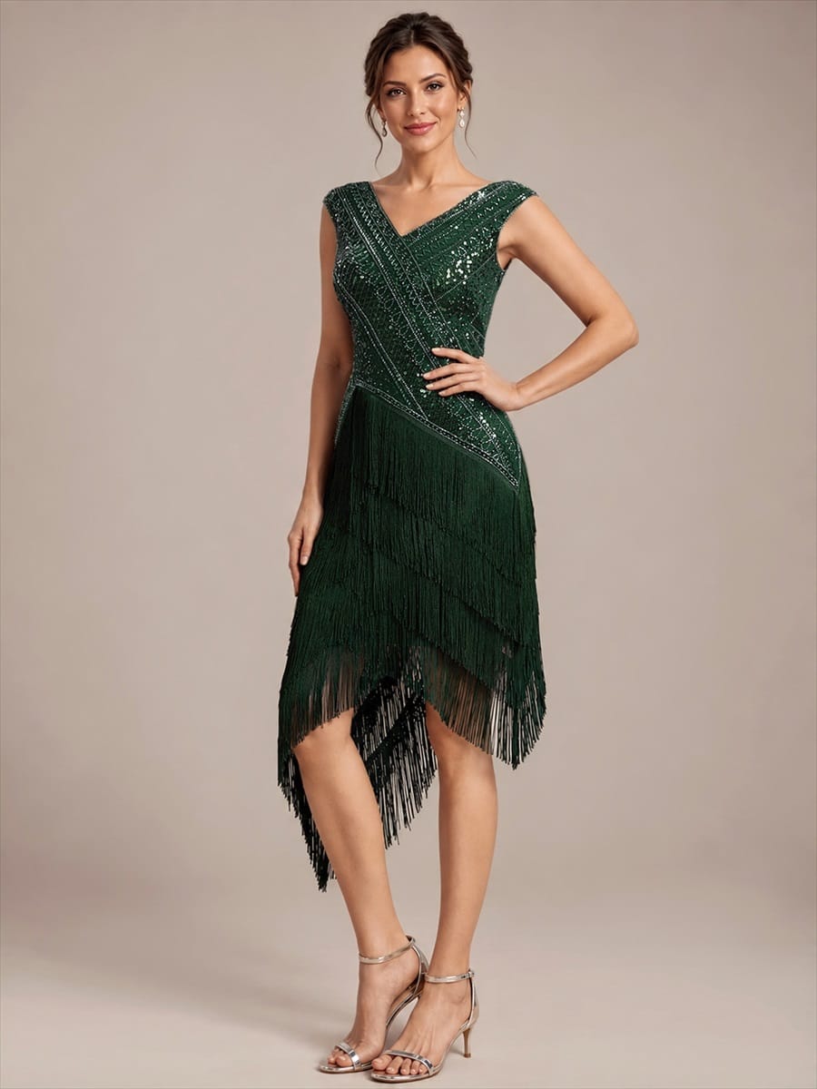 Tulle V Neck Sleeveless Beaded Fringe Dress