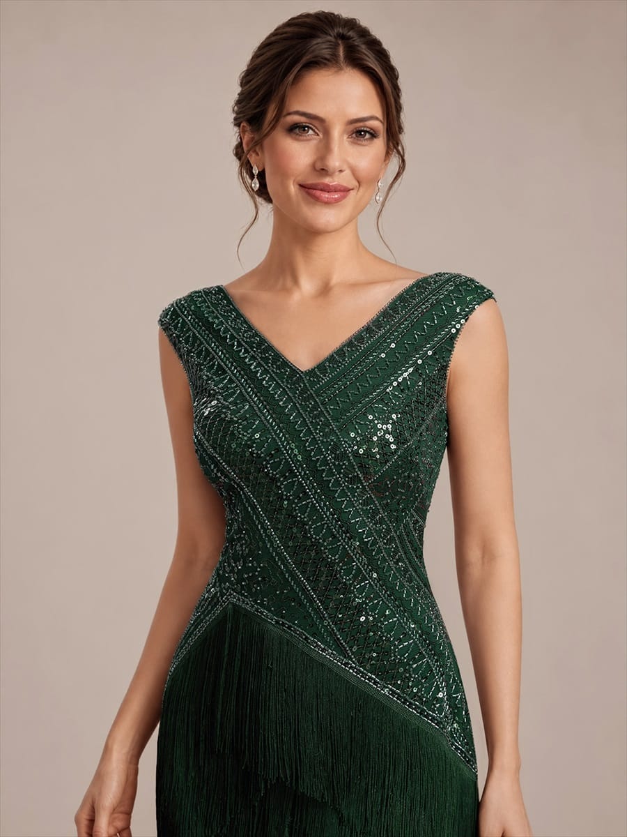 Tulle V Neck Sleeveless Beaded Fringe Dress