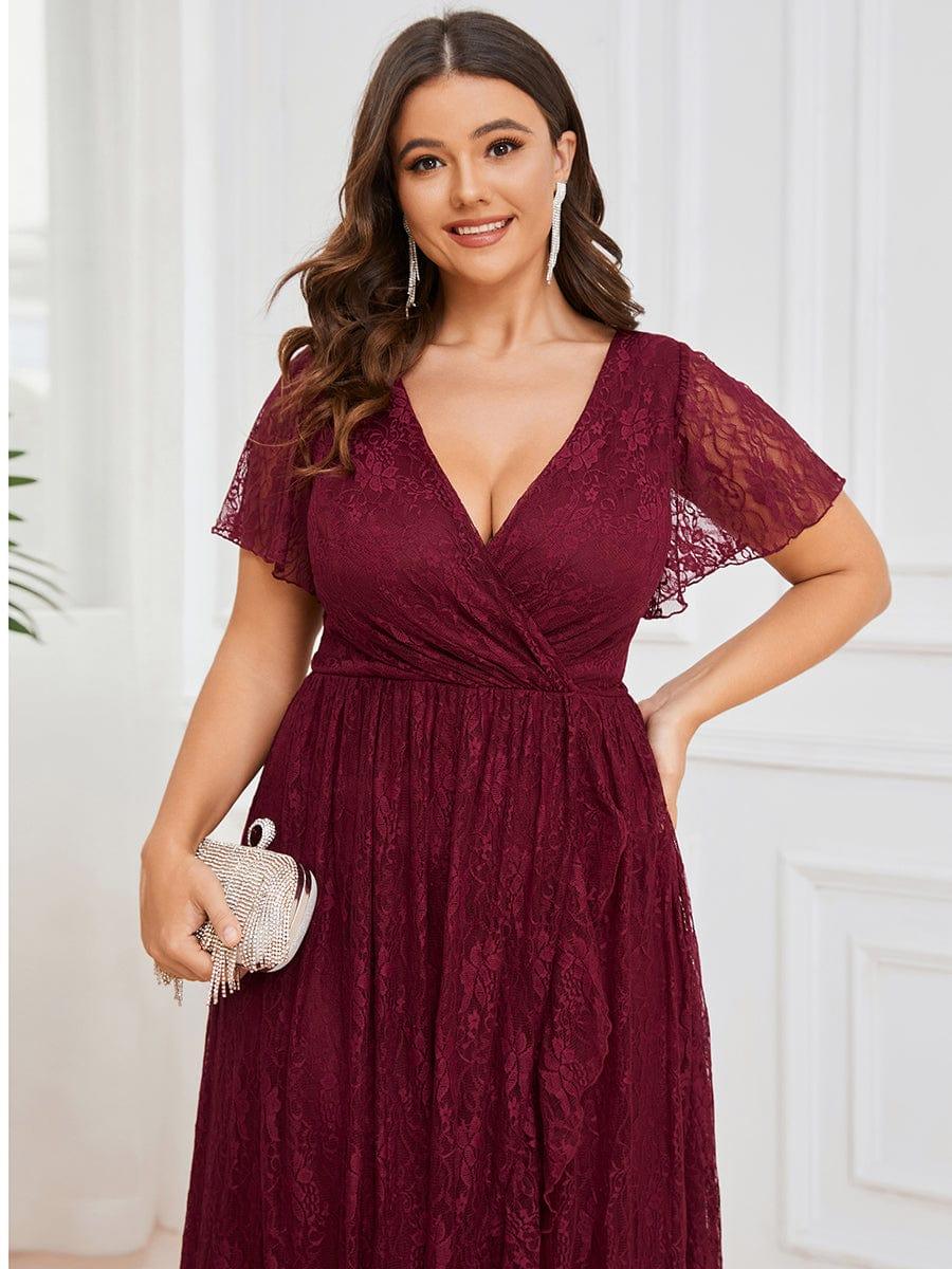 ever ELISE|V-Neck Short Sleeve Pleated Ruffled Lace Wedding Guest Dress