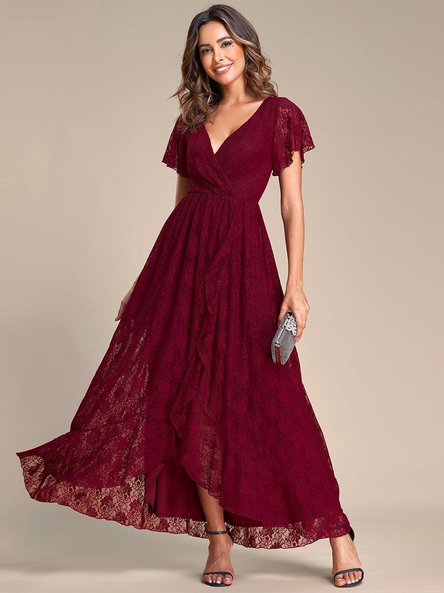 ever ELISE|V-Neck Short Sleeve Pleated Ruffled Lace Wedding Guest Dress