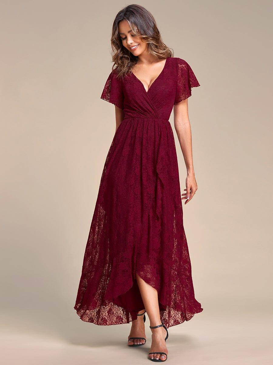 ever ELISE|V-Neck Short Sleeve Pleated Ruffled Lace Wedding Guest Dress
