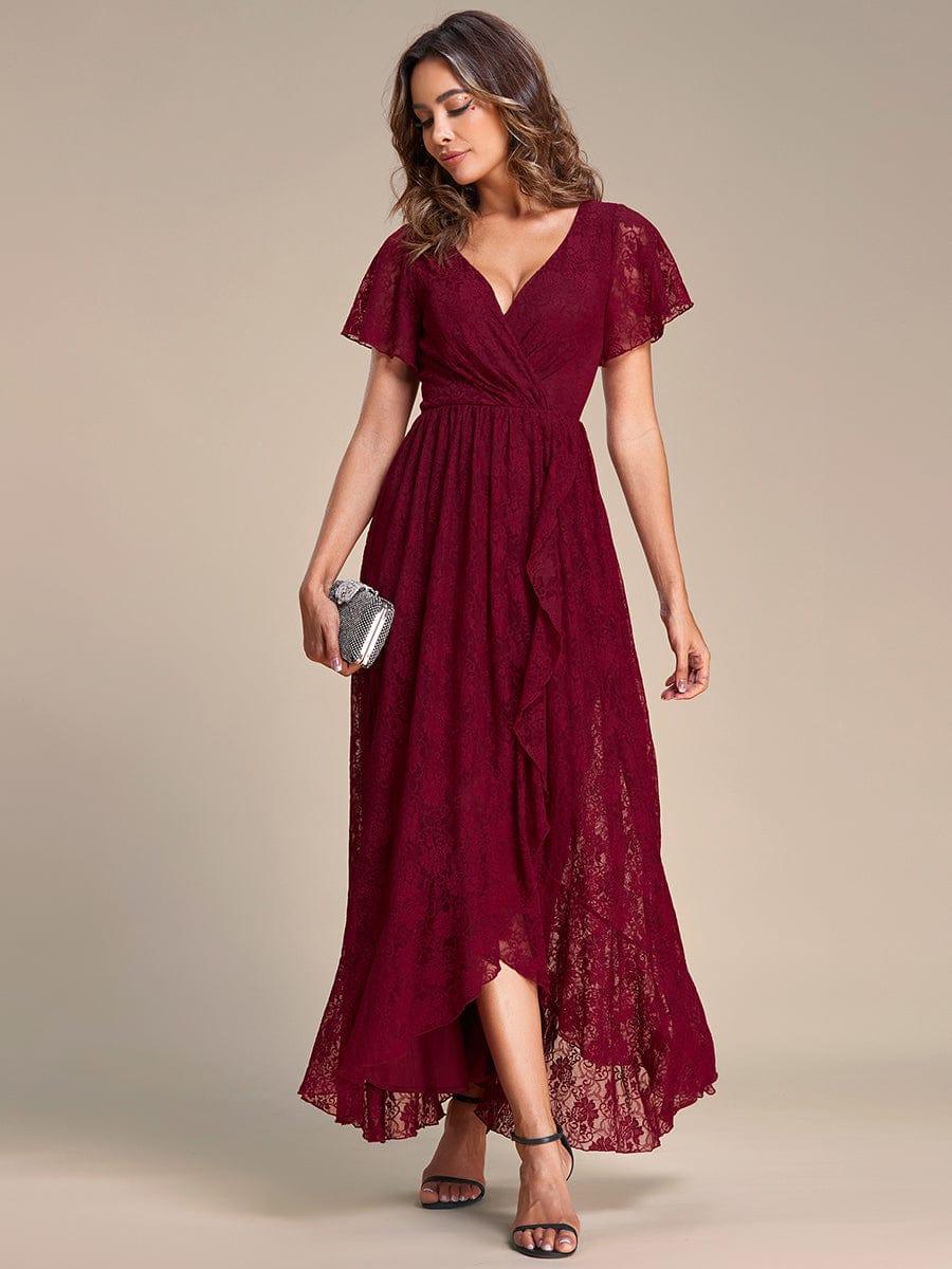 ever ELISE|V-Neck Short Sleeve Pleated Ruffled Lace Wedding Guest Dress