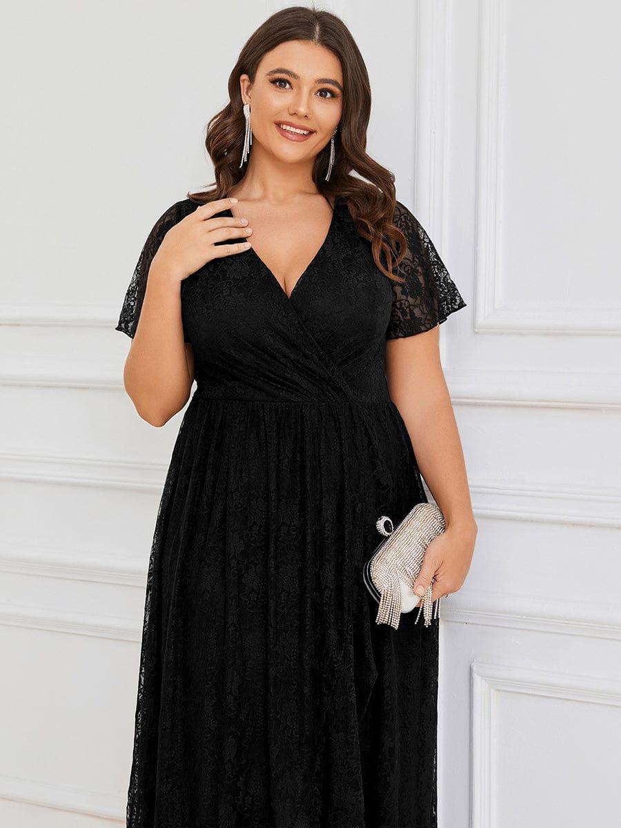 ever ELISE|V-Neck Short Sleeve Pleated Ruffled Lace Wedding Guest Dress