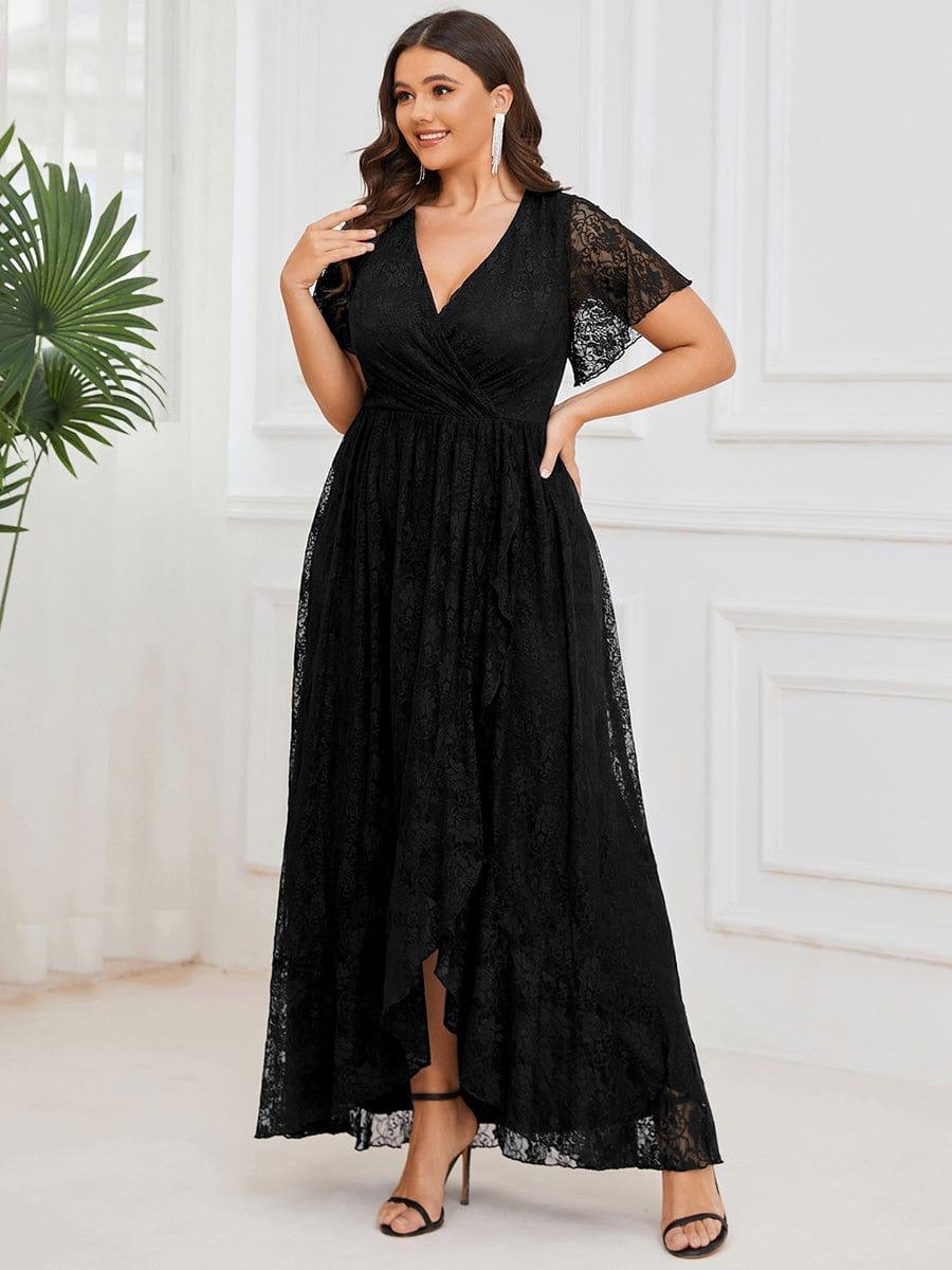 ever ELISE|V-Neck Short Sleeve Pleated Ruffled Lace Wedding Guest Dress
