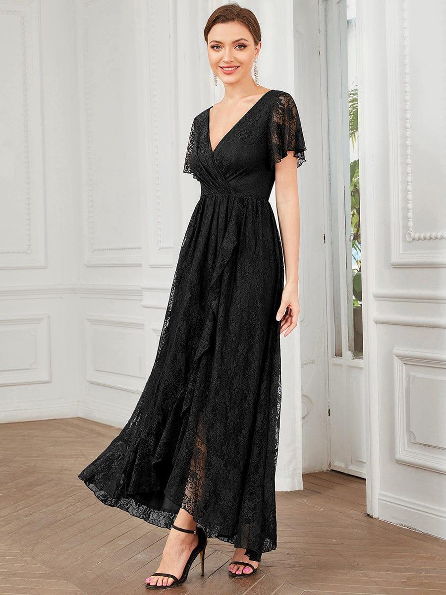 ever ELISE|V-Neck Short Sleeve Pleated Ruffled Lace Wedding Guest Dress