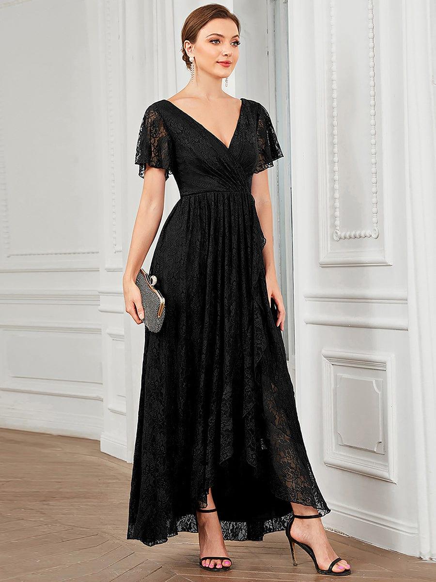 ever ELISE|V-Neck Short Sleeve Pleated Ruffled Lace Wedding Guest Dress