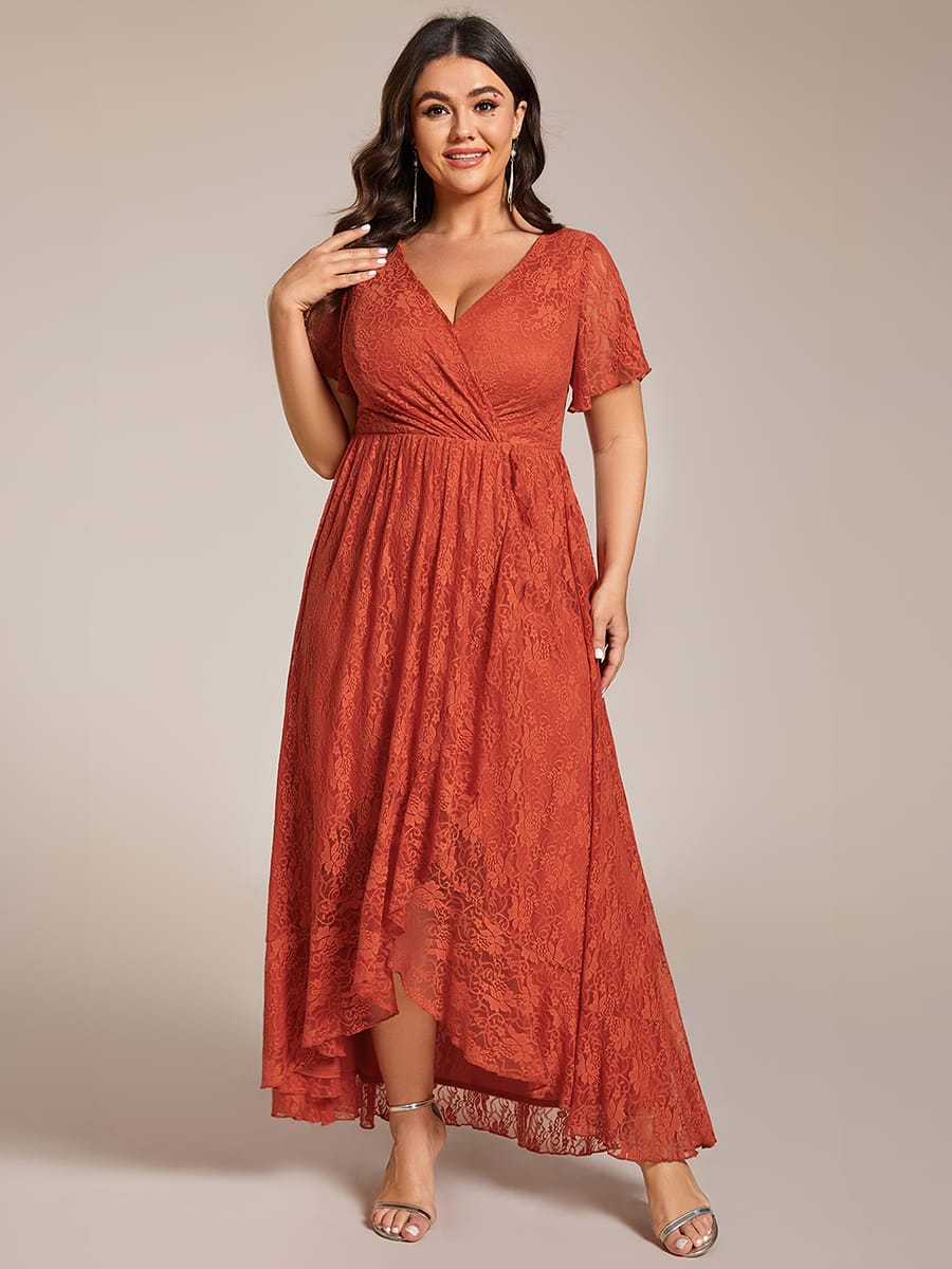 ever ELISE|V-Neck Short Sleeve Pleated Ruffled Lace Wedding Guest Dress