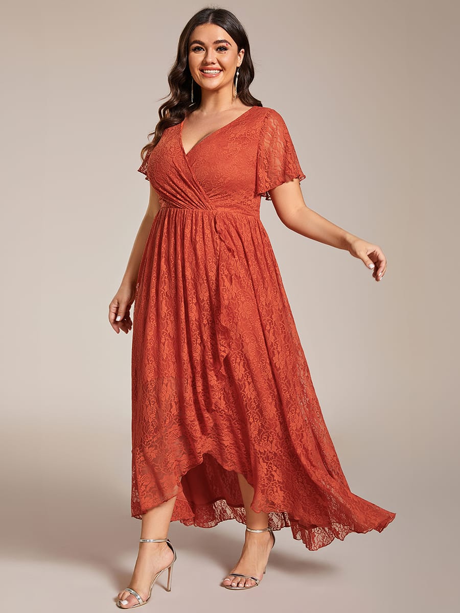 ever ELISE|V-Neck Short Sleeve Pleated Ruffled Lace Wedding Guest Dress