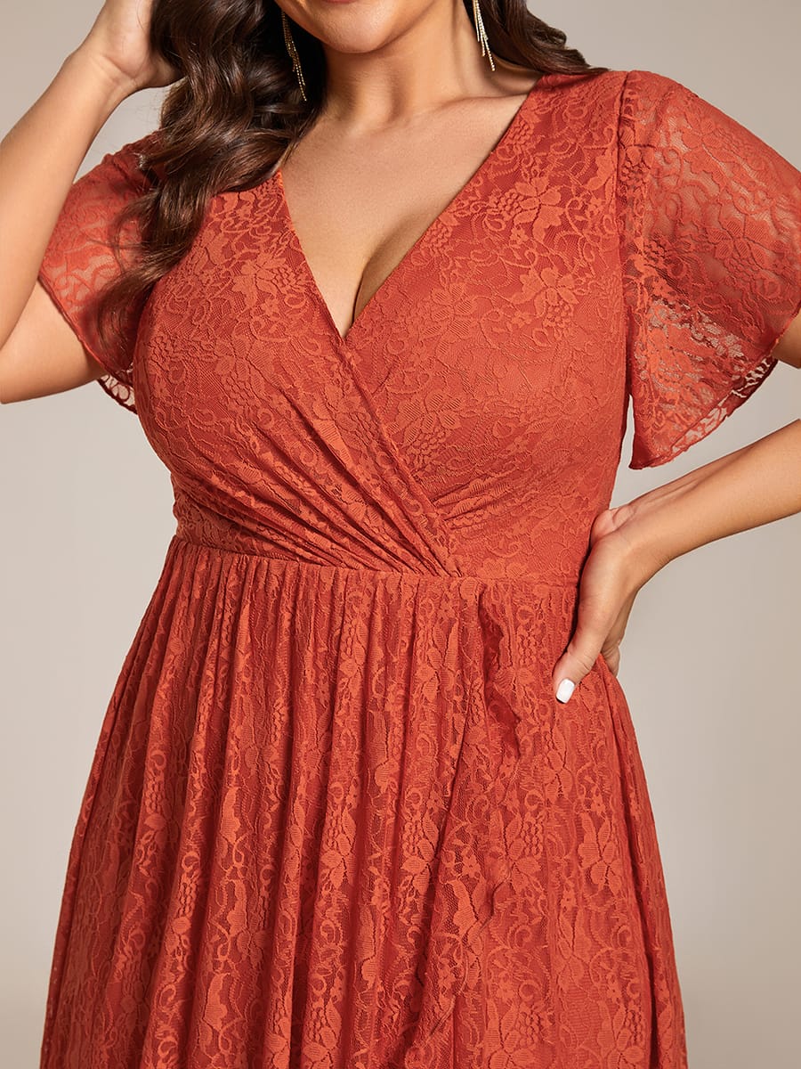 ever ELISE|V-Neck Short Sleeve Pleated Ruffled Lace Wedding Guest Dress