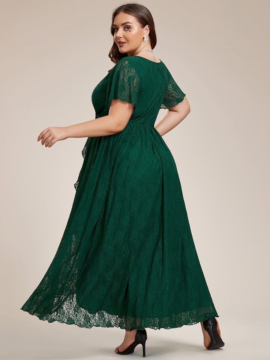 ever ELISE|V-Neck Short Sleeve Pleated Ruffled Lace Wedding Guest Dress