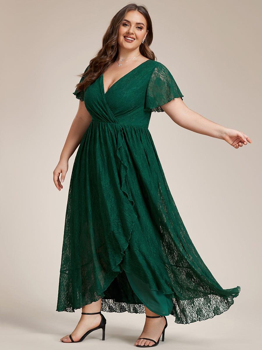 ever ELISE|V-Neck Short Sleeve Pleated Ruffled Lace Wedding Guest Dress