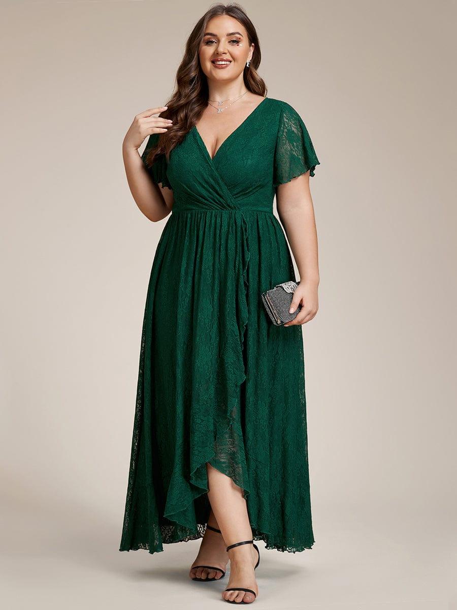 ever ELISE|V-Neck Short Sleeve Pleated Ruffled Lace Wedding Guest Dress