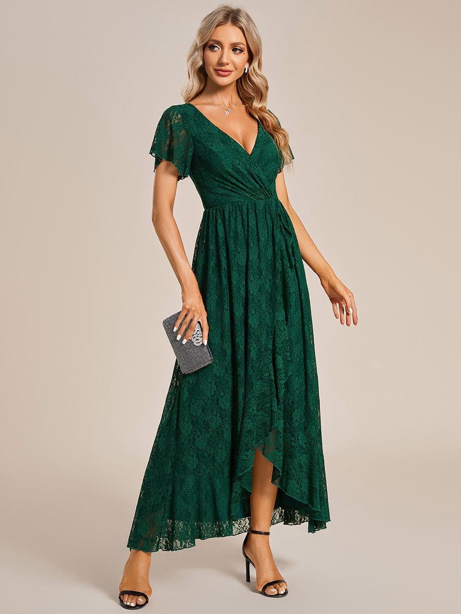 ever ELISE|V-Neck Short Sleeve Pleated Ruffled Lace Wedding Guest Dress