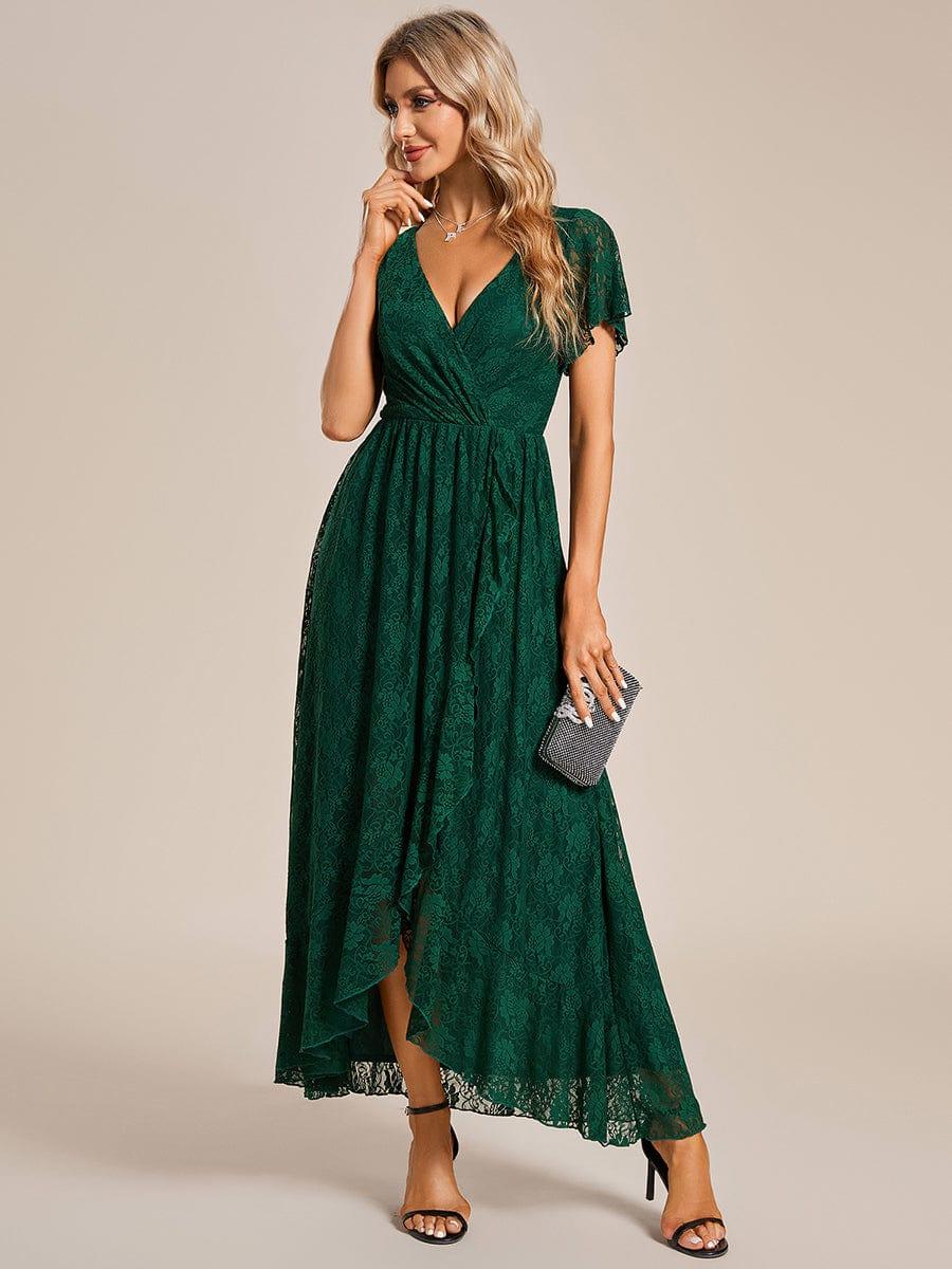 ever ELISE|V-Neck Short Sleeve Pleated Ruffled Lace Wedding Guest Dress