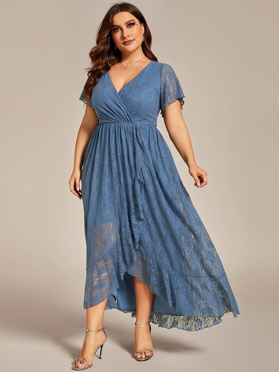 ever ELISE|V-Neck Short Sleeve Pleated Ruffled Lace Wedding Guest Dress
