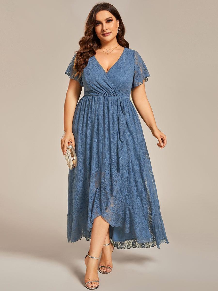 ever ELISE|V-Neck Short Sleeve Pleated Ruffled Lace Wedding Guest Dress