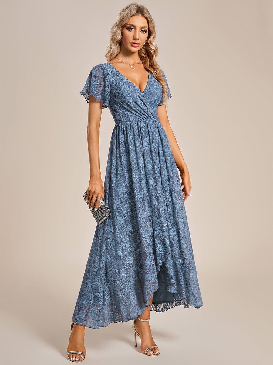 ever ELISE|V-Neck Short Sleeve Pleated Ruffled Lace Wedding Guest Dress