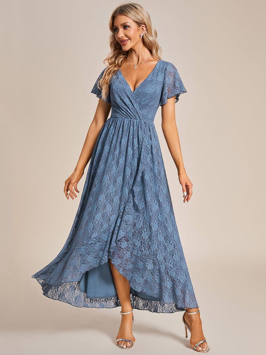 ever ELISE|V-Neck Short Sleeve Pleated Ruffled Lace Wedding Guest Dress