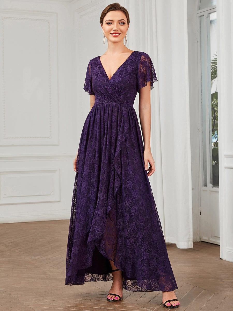 ever ELISE|V-Neck Short Sleeve Pleated Ruffled Lace Wedding Guest Dress