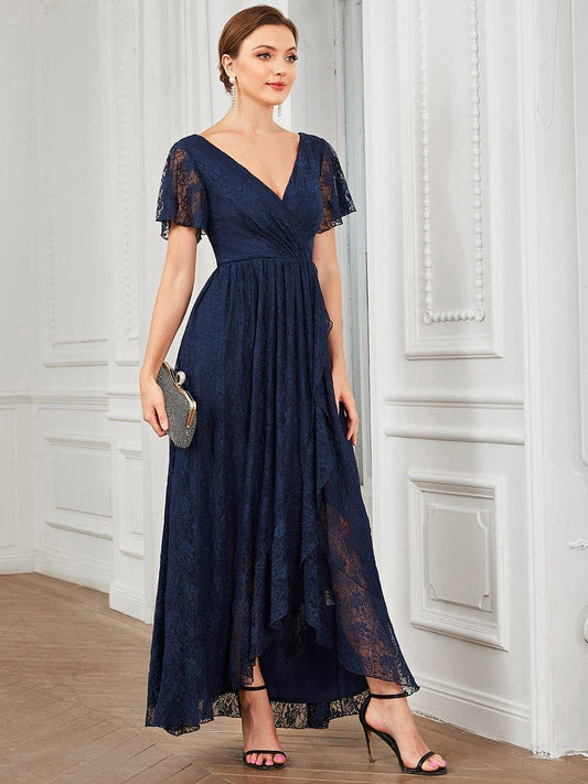 ever ELISE|V-Neck Short Sleeve Pleated Ruffled Lace Wedding Guest Dress