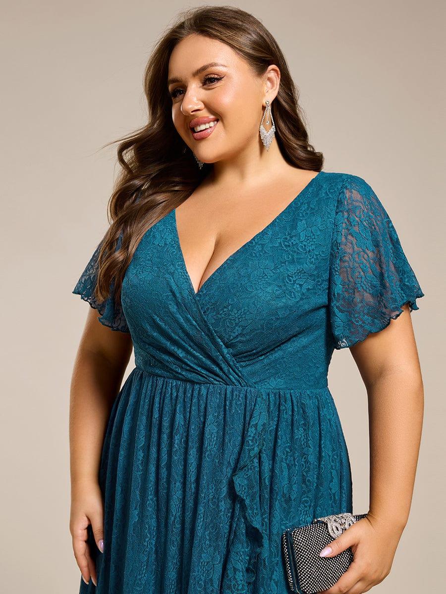 ever ELISE|V-Neck Short Sleeve Pleated Ruffled Lace Wedding Guest Dress