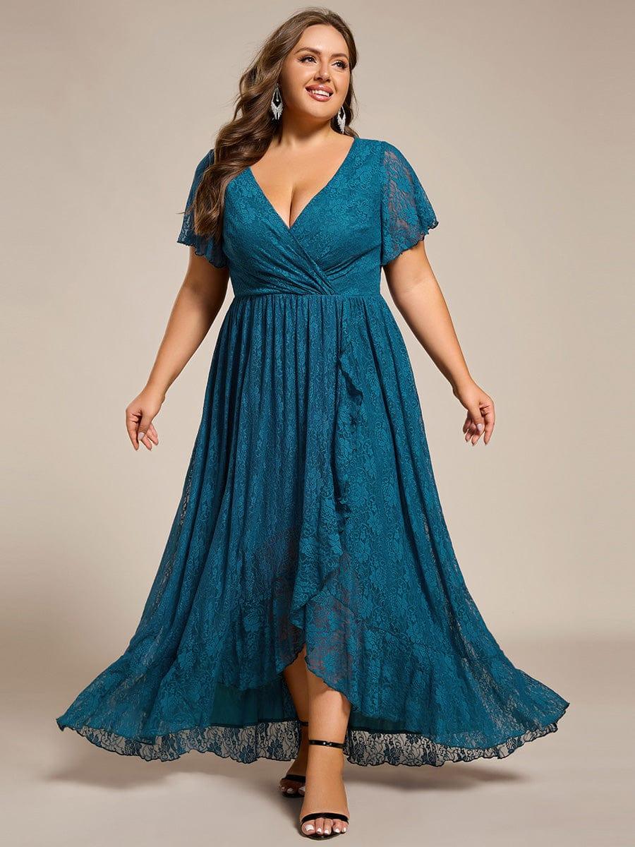 ever ELISE|V-Neck Short Sleeve Pleated Ruffled Lace Wedding Guest Dress