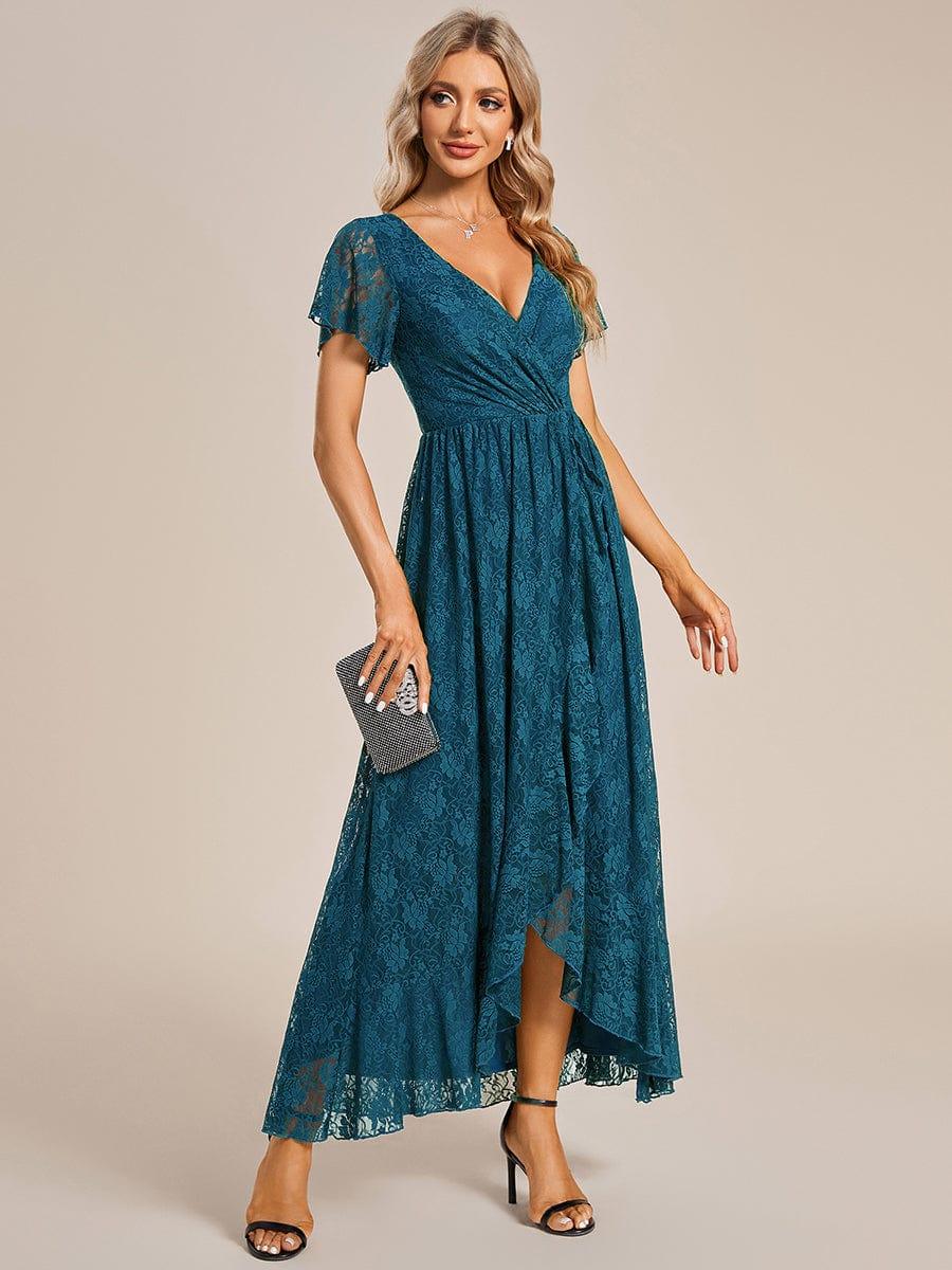 ever ELISE|V-Neck Short Sleeve Pleated Ruffled Lace Wedding Guest Dress