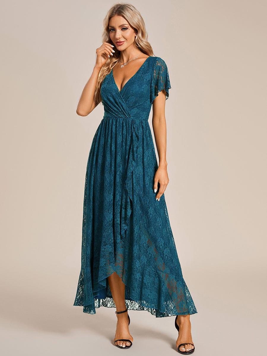 ever ELISE|V-Neck Short Sleeve Pleated Ruffled Lace Wedding Guest Dress